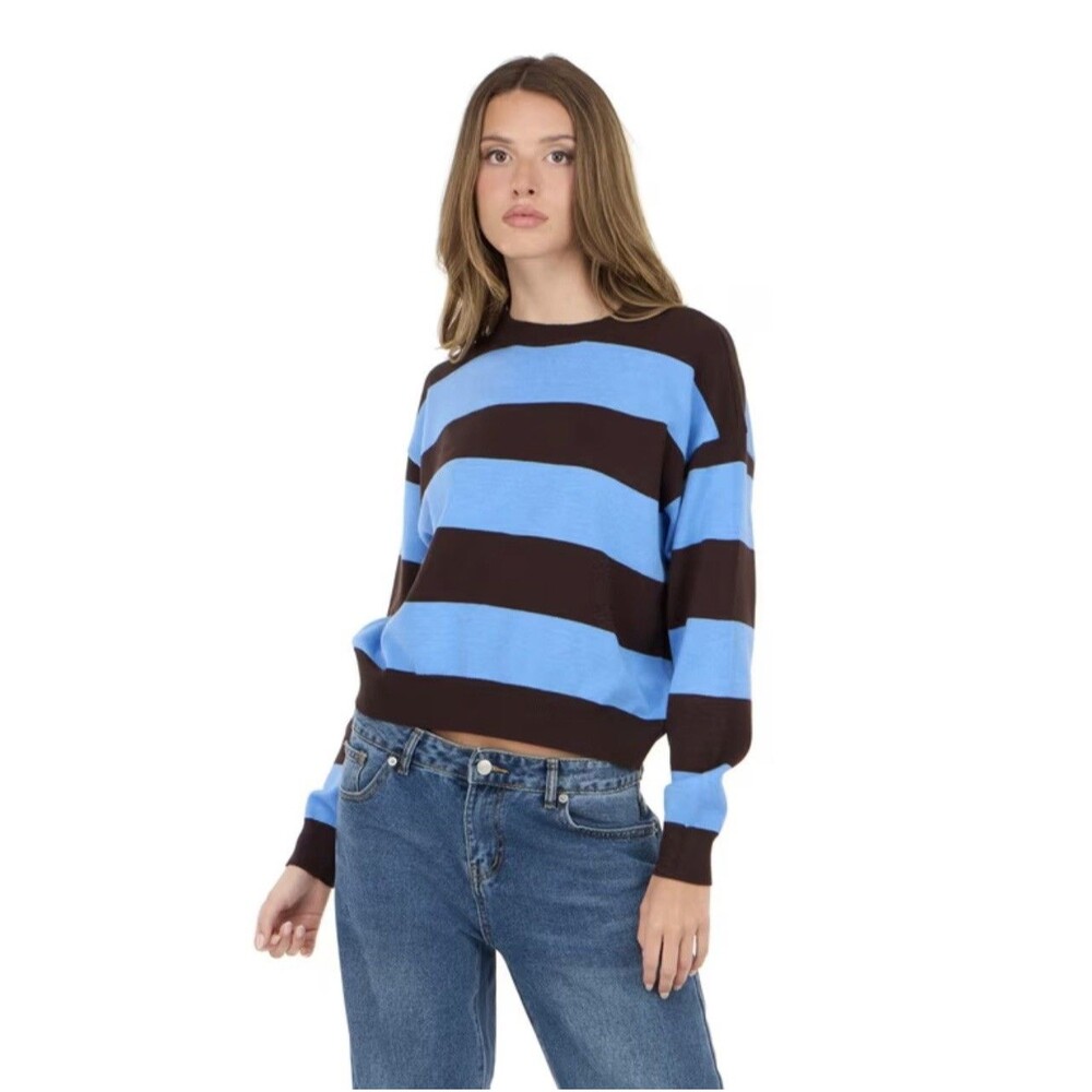 Forever 21 Women's Blue Brown Preppy Rugby Stripe Sweater Size Large NWT